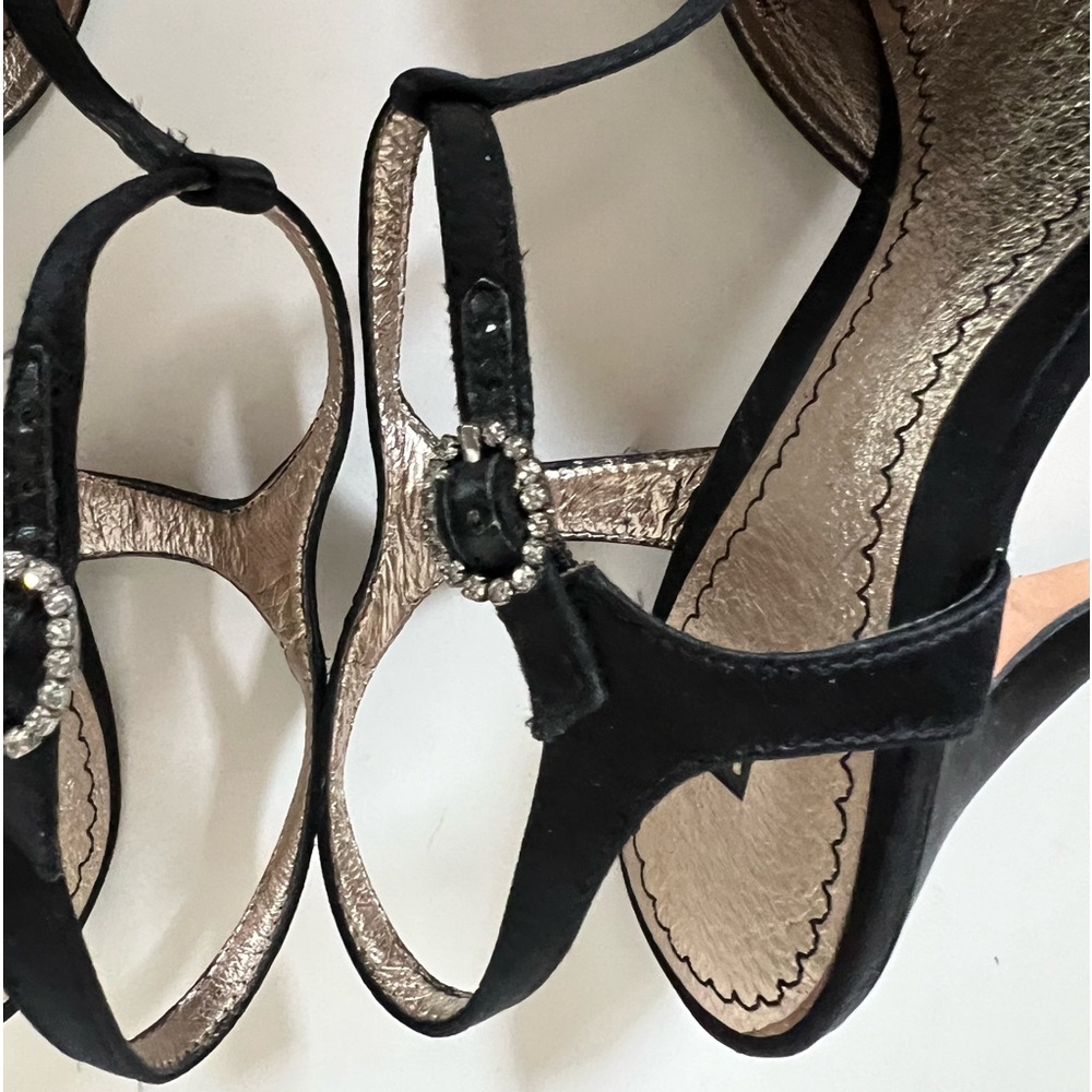 Black Satin Open Toe TStrap Sz 7 Leather Soles